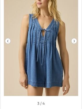 Altar'd State Light Blue Denim Romper with V-Neck Tie